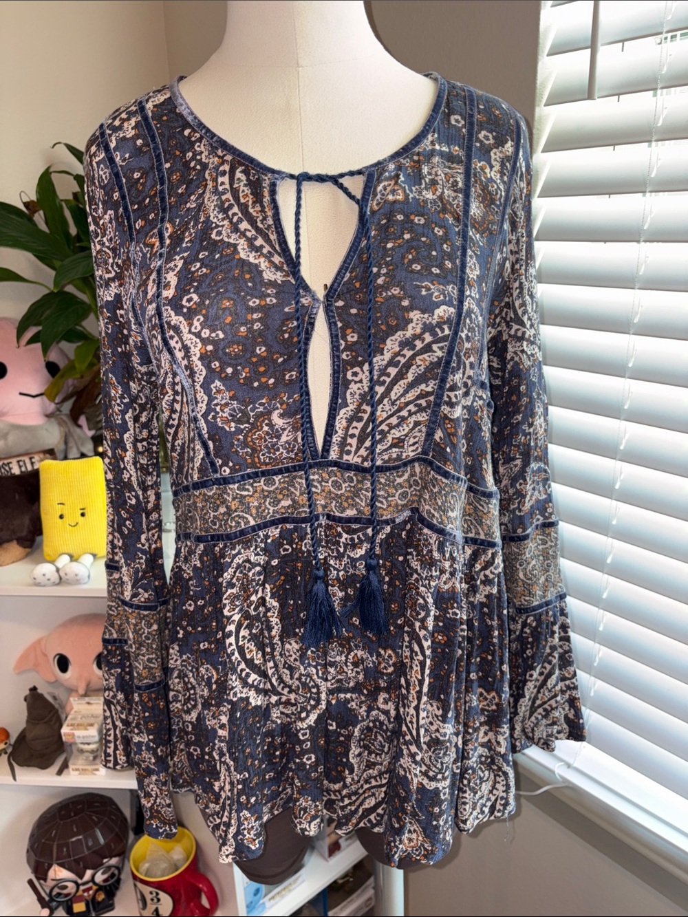 American Eagle Outfitters Navy Paisley Tie-Front Tunic